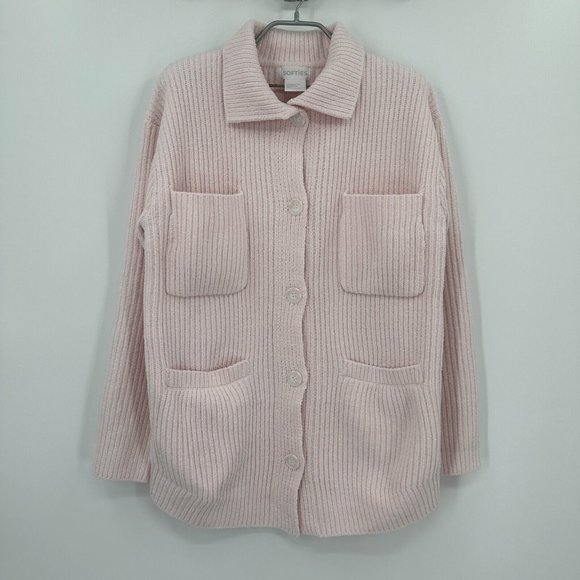 Softies Rib Chenille Knit Shacket Shirt Jacket sz S Blush Pink Button Front NEW* - Picture 1 of 7